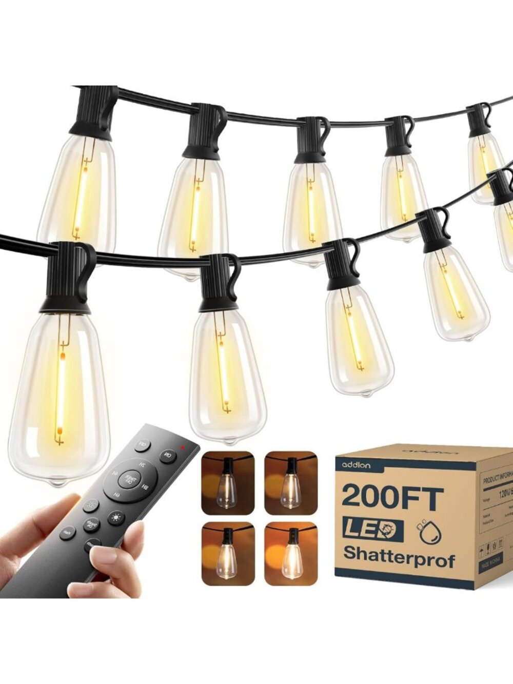 addlon 200FT(50FT*4) Outdoor String Lights ST38 LED with Remote Waterproof